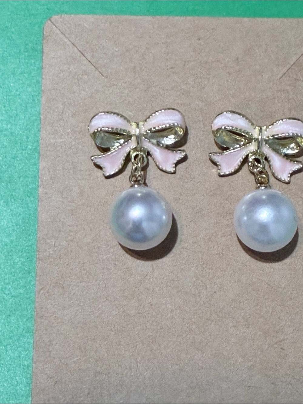 Pink Enamel Bow Pearl  Gold Fairy Core Drop Earrings - Picture 2 of 8